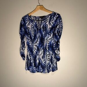 Thalia Sodi Womens Top Blue White Black Damask Print V Neck 3/4 Sleeve Size S